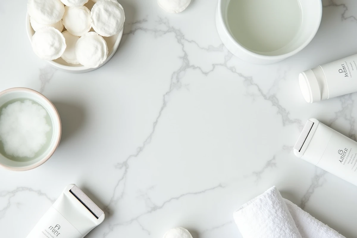 Produits de soins dépilatoires disposés sur un comptoir en marbre blanc dans une salle de bain