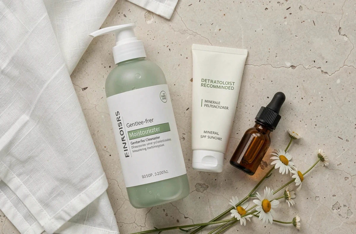 Sélection de produits dermatologiques recommandés pour traiter la rosacée disposés en flat lay sur une surface en pierre