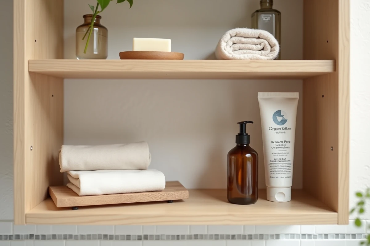Étagère de salle de bain organisée avec des produits d'hygiène intime naturels et biodégradables incluant savon solide, huile et lingette en coton bio