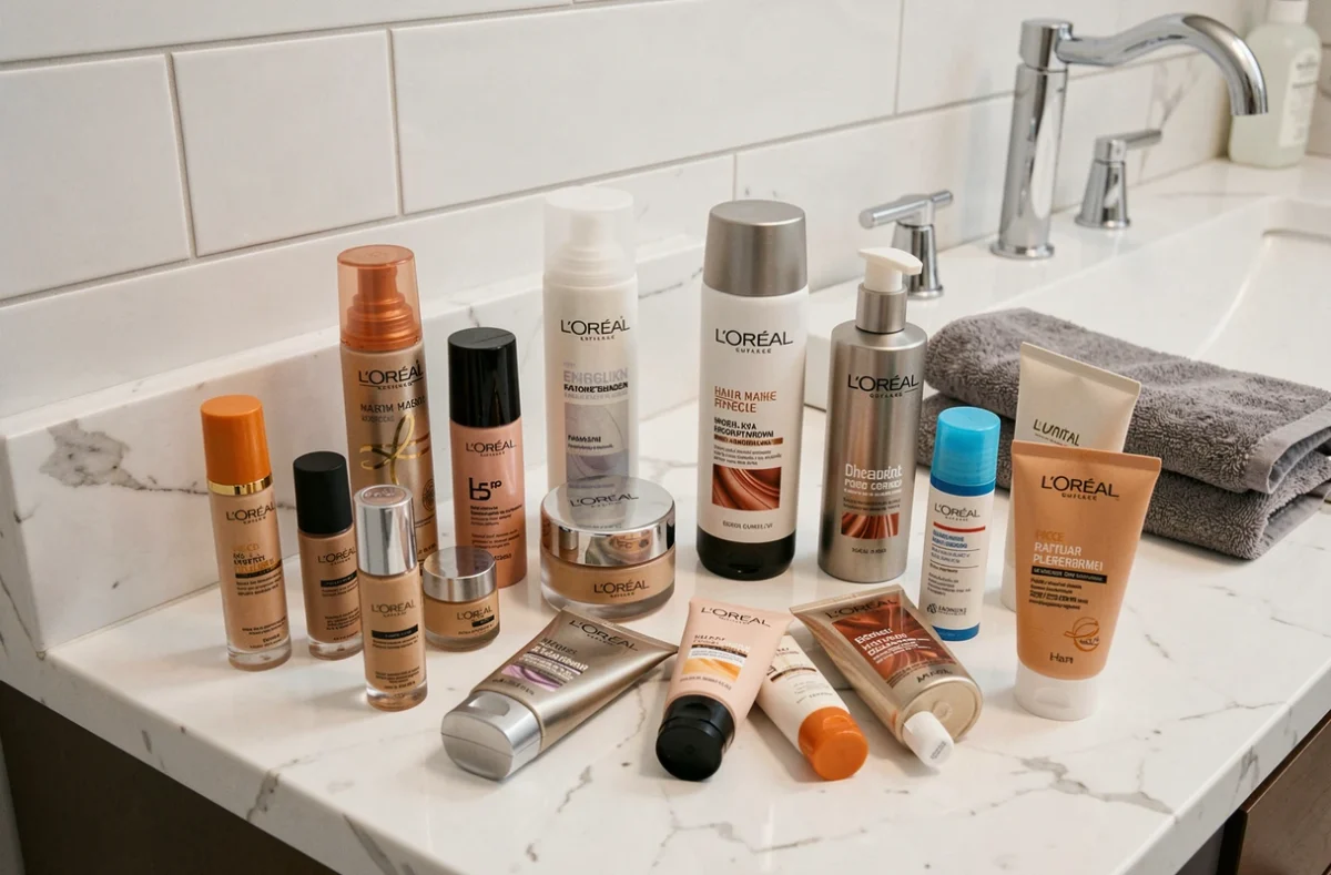Sélection de produits de beauté L'Oréal disposés sur un plan de travail en marbre dans une salle de bain moderne