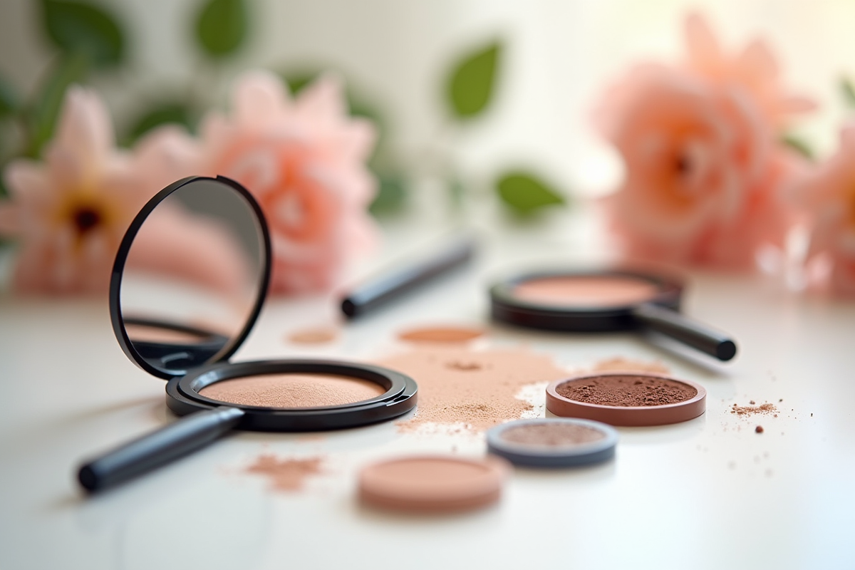 Assortiment de maquillage et fleurs fraîches sur une table lumineuse