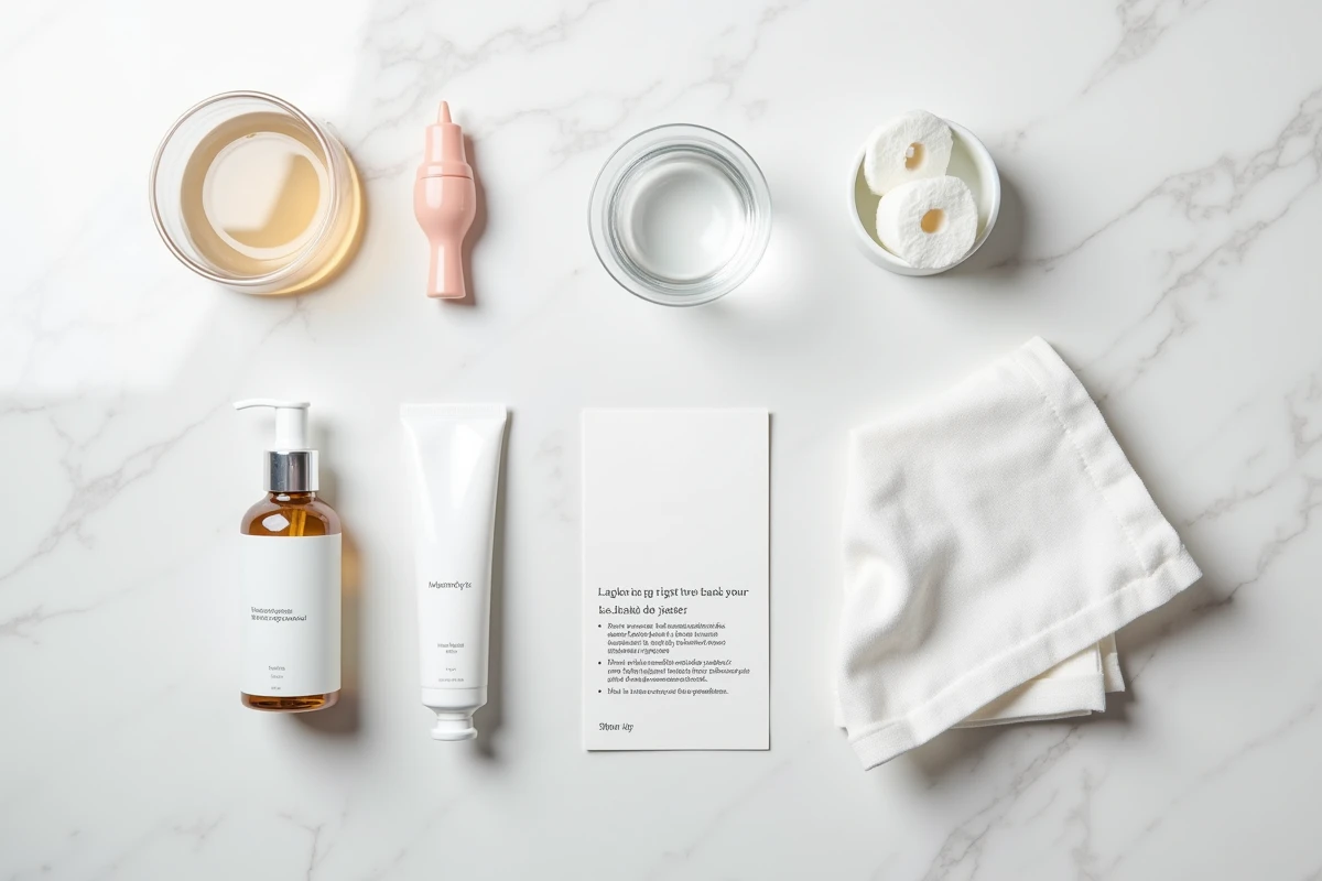Produits de pr&eacute;paration cutan&eacute;e pour une s&eacute;ance d'&eacute;lectrolyse pos&eacute;s sur un comptoir en marbre blanc