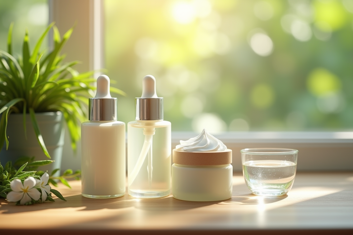 Produits de soin visage avec plantes et eau de rose sur table en bois