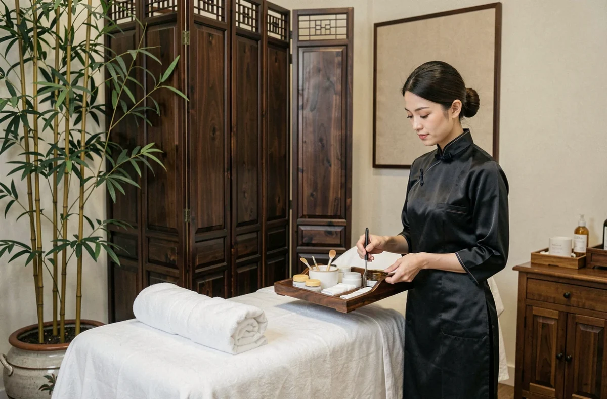 Intérieur raffiné de l'institut de beauté Qipao à Chartres avec une esthéticienne en tenue élégante préparant un soin