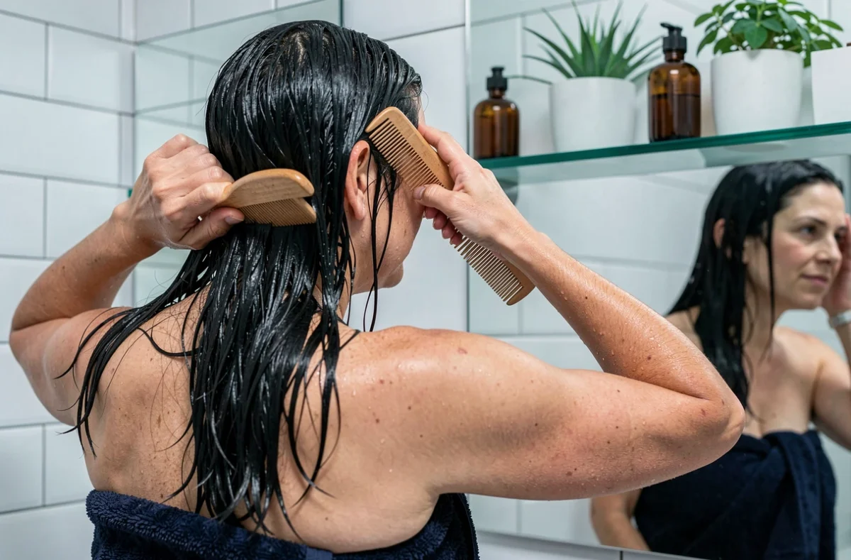 Femme aux cheveux noirs sans reflets roux après application de henné naturel mélangé à l'indigo, se coiffant devant un miroir
