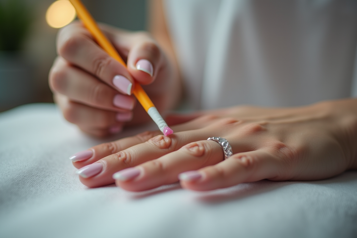 Technicienne en salon de manucure retirant un vernis gel avec un bâton orange
