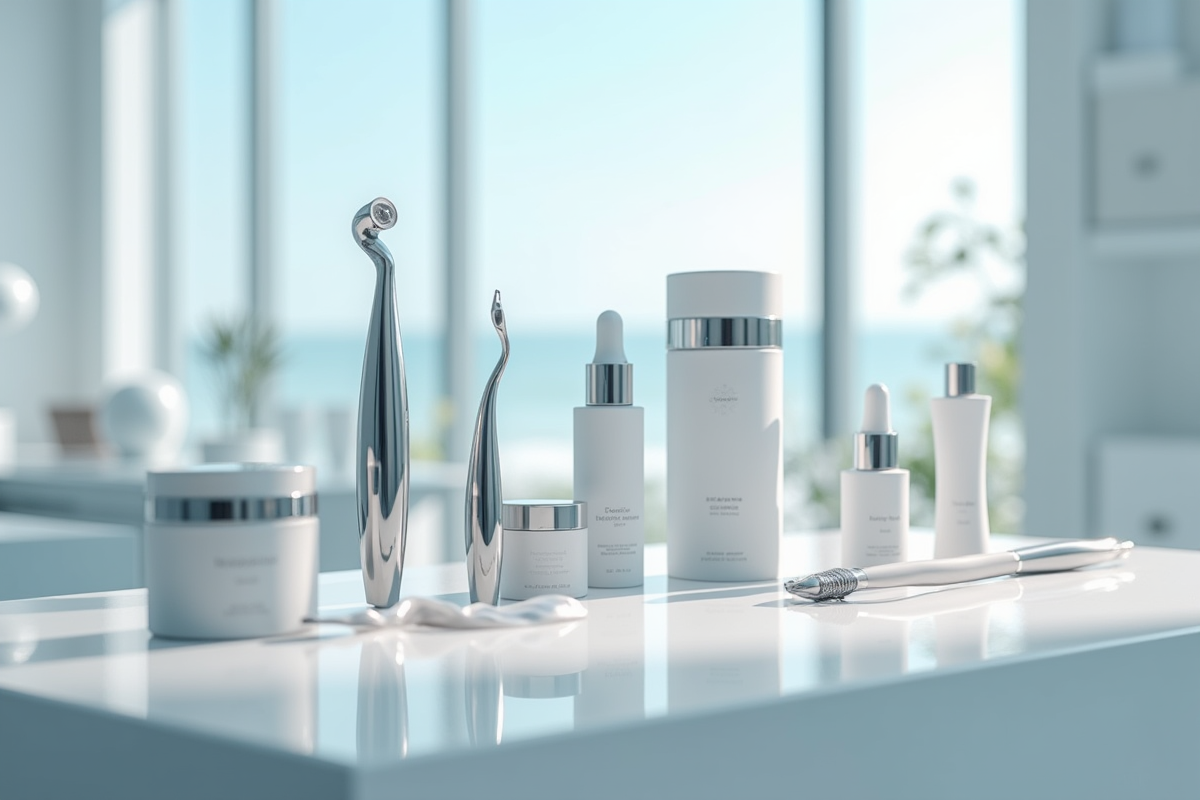 Salle lumineuse avec outils et produits de soin visage