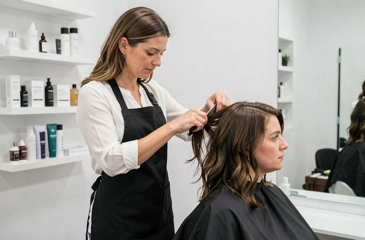 Coiffeuse professionnelle coupant les cheveux d'une cliente au salon Carpy à Saint-Pierre-des-Corps
