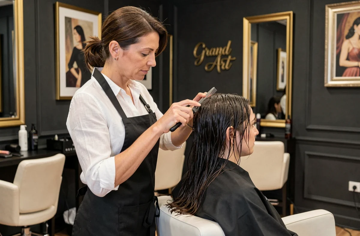 Styliste professionnelle coupant les cheveux d'une cliente dans le salon Le Grand Art à Bordeaux