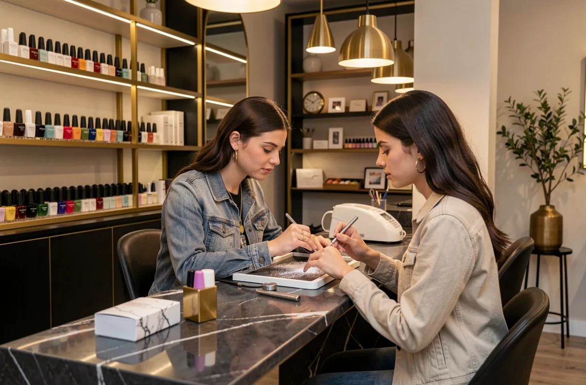 Bar à ongles tendance avec application de chrome par une nail artist chez Sarah LX Nails à Chilleurs-aux-Bois