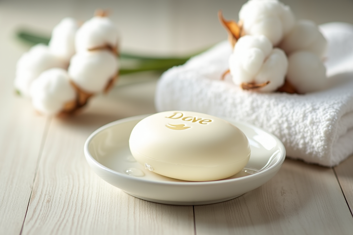 Barre de savon Dove sur une assiette avec coton et fleurs