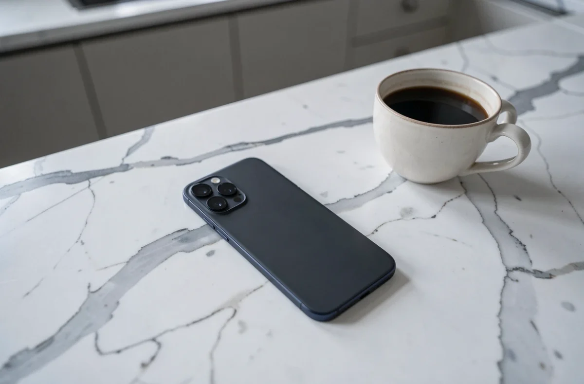 Smartphone posé face contre une surface en marbre symbolisant la vie privée numérique et la protection des contenus personnels en ligne