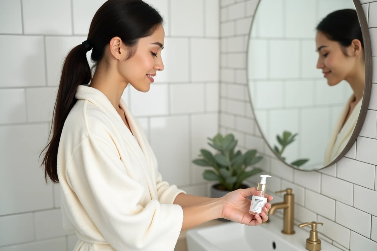 Jeune femme en peignoir appliquant un soin hydratant sur son avant-bras devant un lavabo de salle de bain moderne avec carrelage blanc