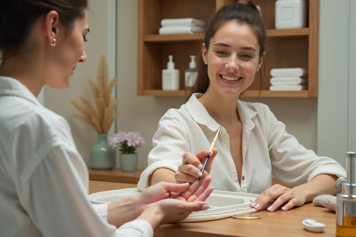 Femme appliquant une huile nourrissante sur ses ongles devant un meuble de salle de bain en bois avec des produits de soin visibles