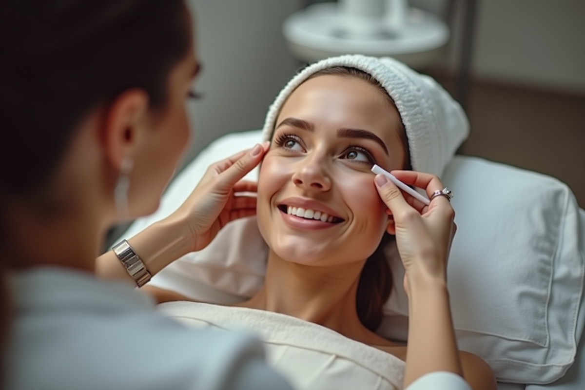Expert appliquant un serum pour les yeux dans un studio moderne