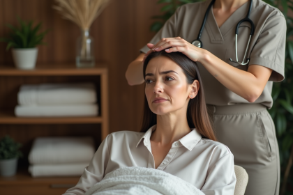 Femme d'âge moyen recevant un massage du cuir chevelu dans un studio de bien-être