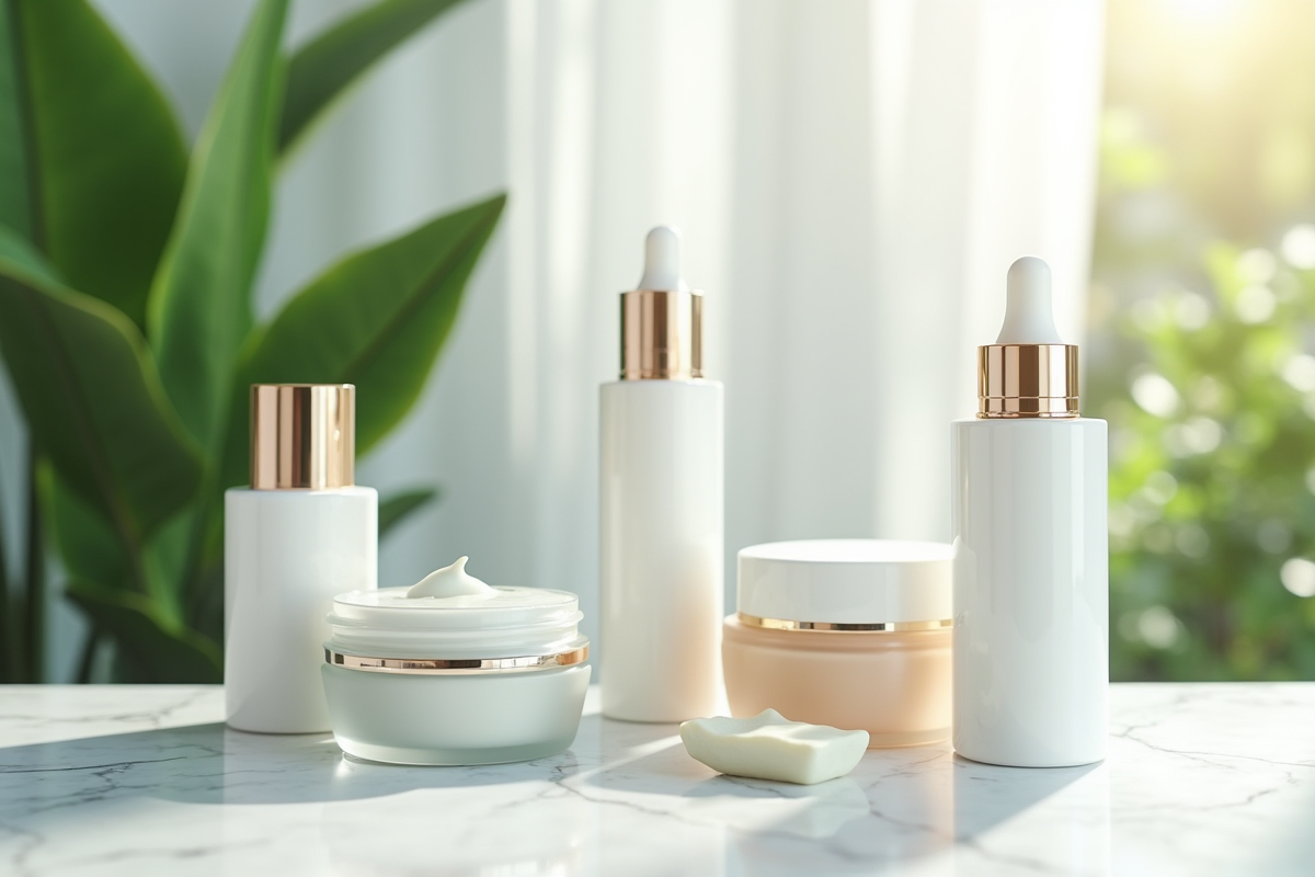 Assortiment de produits de soin visage sur marbre blanc