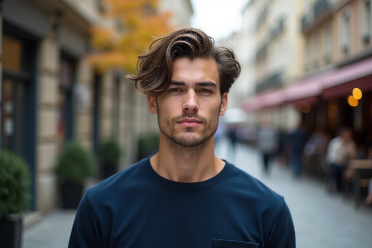 Jeune homme aux cheveux mi-longs ondulés et taper sur les côtés, photographié en extérieur dans une rue urbaine en automne