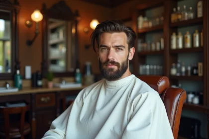 Homme aux cheveux mi-longs avec une coupe taper fade réalisée dans un salon de coiffure vintage, vue en buste de trois quarts