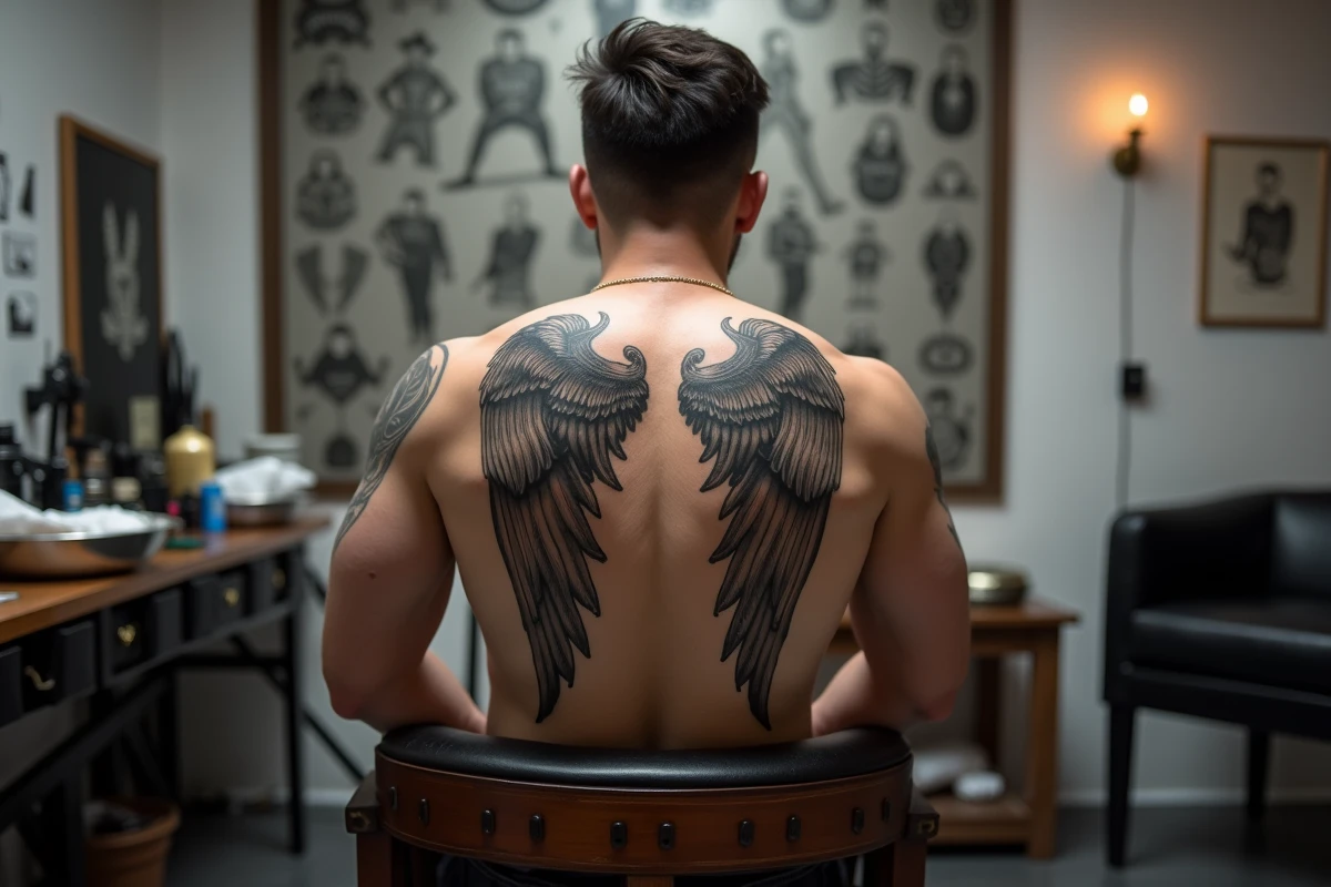 Homme assis de dos dans un studio de tatouage avec de grandes ailes d'anges tatouées couvrant tout le dos