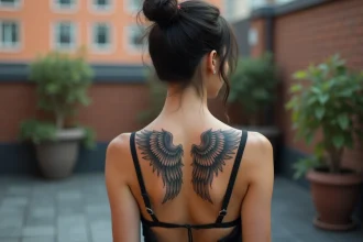 Femme de dos avec un tatouage ailes d'anges détaillé sur le haut du dos, sur une terrasse urbaine