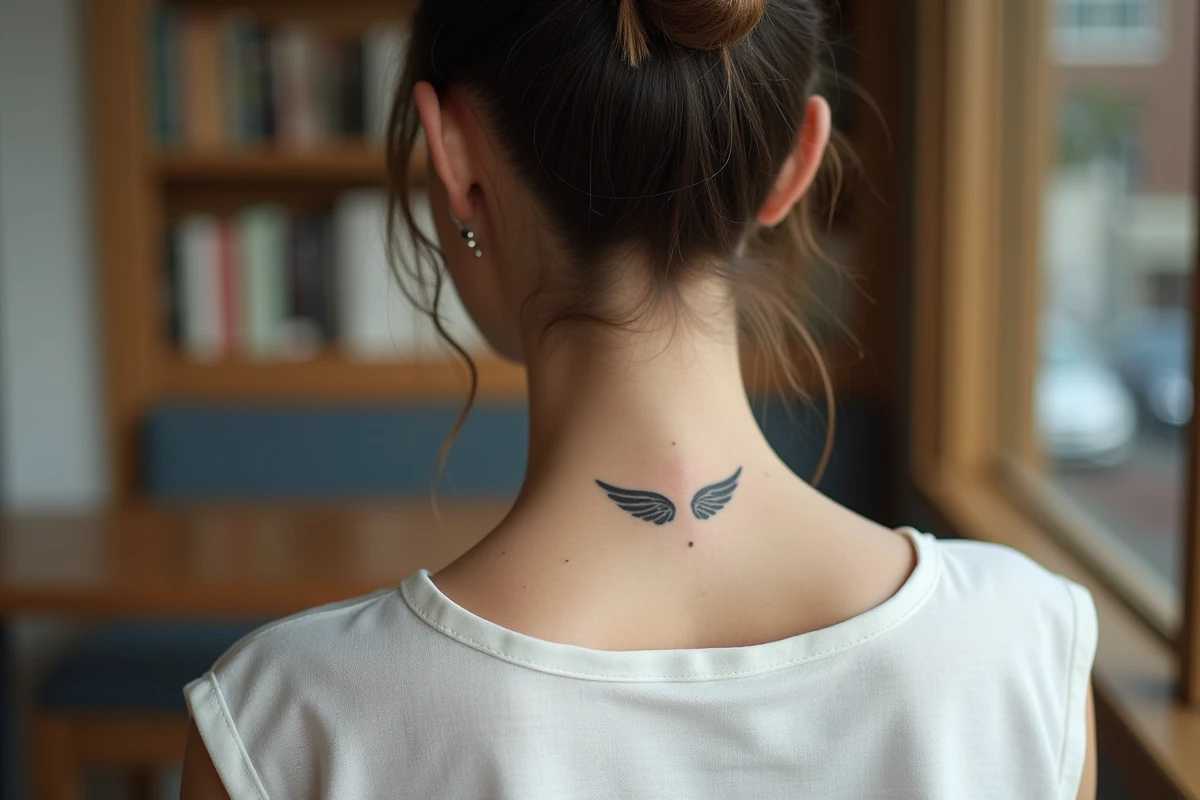 Femme de dos montrant un petit tatouage ailes d'anges sur la nuque, cheveux relevés dans un café