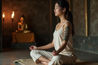 Jeune femme méditant dans un temple bouddhiste avec un tatouage Unalome et fleur de lotus sur l'avant-bras