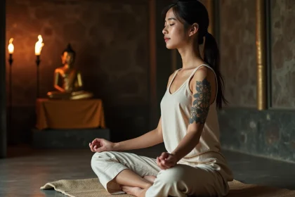 Jeune femme méditant dans un temple bouddhiste avec un tatouage Unalome et fleur de lotus sur l'avant-bras