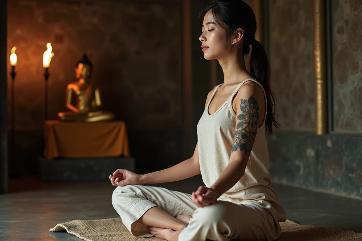 Jeune femme méditant dans un temple bouddhiste avec un tatouage Unalome et fleur de lotus sur l'avant-bras