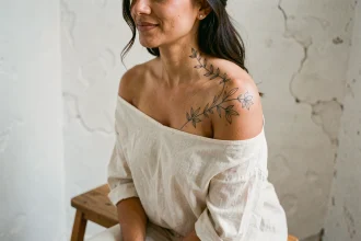 Tatouage femme épaule clavicule motif botanique délicat sur peau naturelle, style éditorial minimaliste