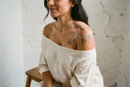 Tatouage femme épaule clavicule motif botanique délicat sur peau naturelle, style éditorial minimaliste
