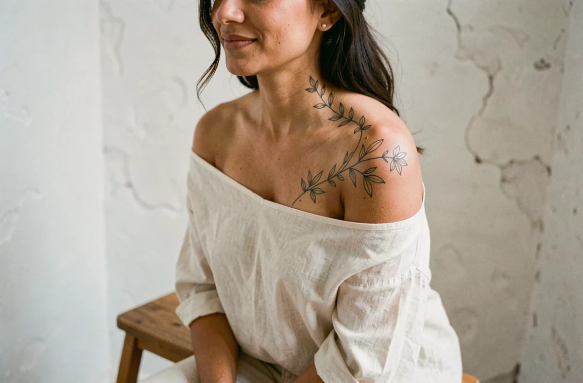 Tatouage femme épaule clavicule motif botanique délicat sur peau naturelle, style éditorial minimaliste