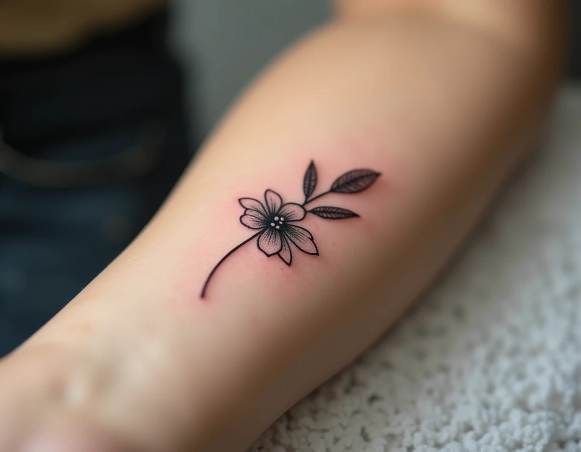 Gros plan sur un tatouage fine line floral minimaliste fraîchement réalisé sur l'avant-bras d'une femme, avec des détails botaniques en encre noire