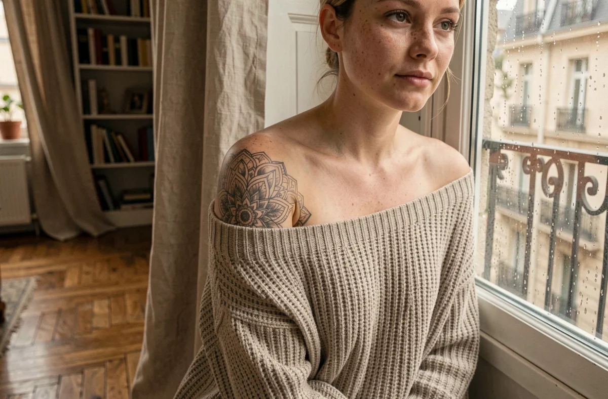 Tatouage mandala épaule clavicule femme pull col large appartement parisien ambiance cosy