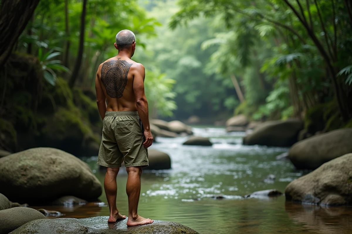 Homme de dos révélant un tatouage Sak Yant bouddhiste traditionnel au bord d'une rivière en forêt tropicale en Asie du Sud-Est