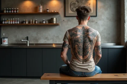 Jeune homme montrant son tatouage complet du dos dans un studio