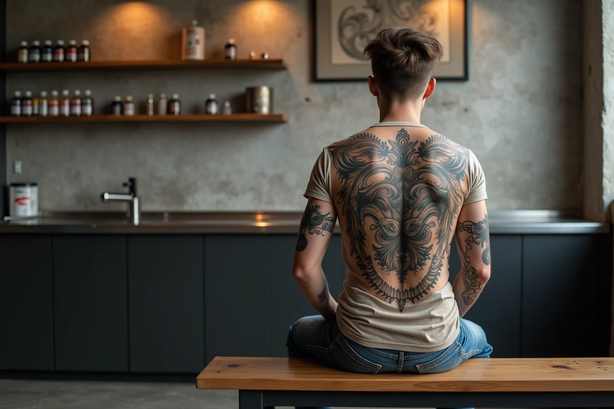 Jeune homme montrant son tatouage complet du dos dans un studio