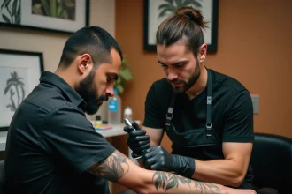 Tatoueur professionnel réalisant un tatouage fine line botanique sur l'avant-bras d'un client dans un studio de tatouage moderne à Toulouse