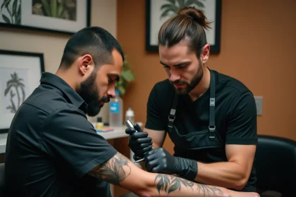 Tatoueur professionnel réalisant un tatouage fine line botanique sur l'avant-bras d'un client dans un studio de tatouage moderne à Toulouse