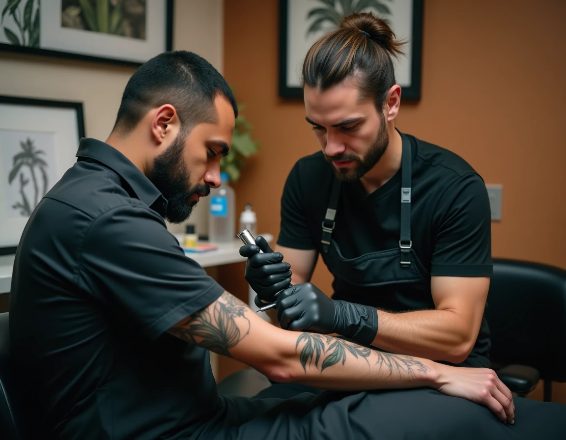 Tatoueur professionnel réalisant un tatouage fine line botanique sur l'avant-bras d'un client dans un studio de tatouage moderne à Toulouse