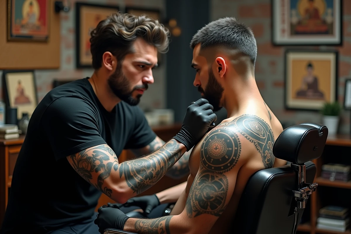 Tatoueur professionnel réalisant un tatouage bouddhiste roue du Dharma sur le dos d'un client dans un studio de tatouage urbain