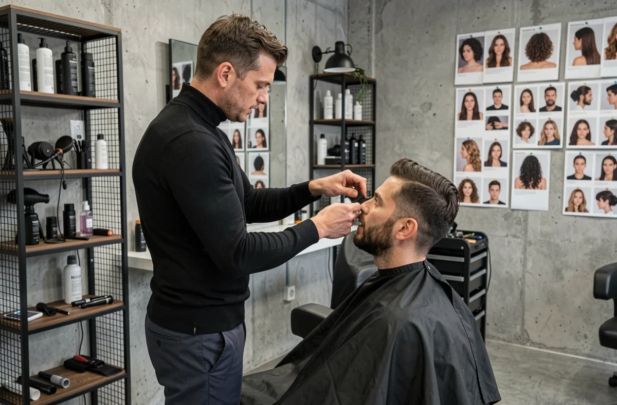 Coiffeur en consultation avec un client dans le salon The Workshop à Caen au décor industriel