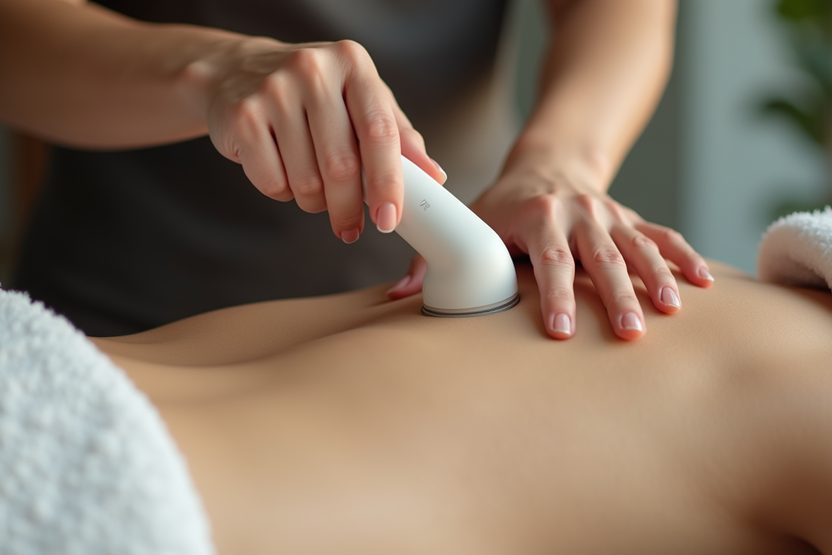 Therapeute utilisant un outil de massage sur le dos lors d