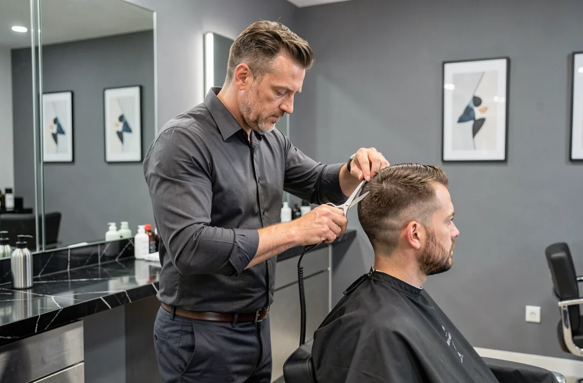 Coiffeur Thierry Lothmann réalisant une coupe précise pour un client dans son salon de Caen