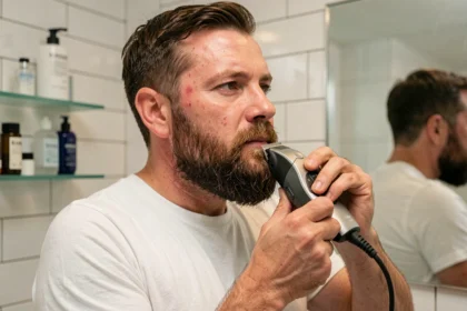 Homme aux poils durs et peau sensible utilisant une tondeuse barbe professionnelle dans une salle de bain moderne