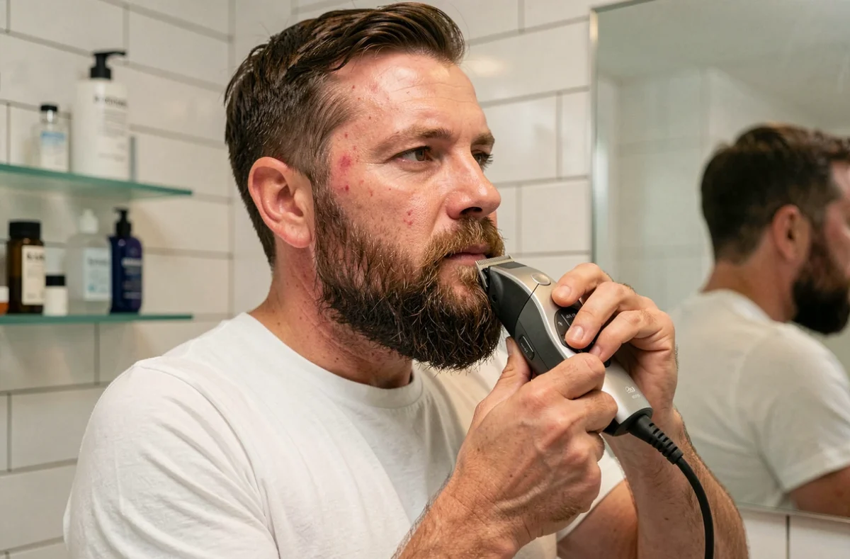 Homme aux poils durs et peau sensible utilisant une tondeuse barbe professionnelle dans une salle de bain moderne