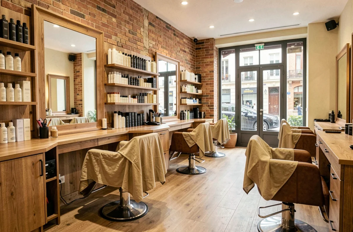 Intérieur d'un salon de coiffure moderne en Nouvelle-Aquitaine avec fauteuils en cuir, miroirs et produits professionnels
