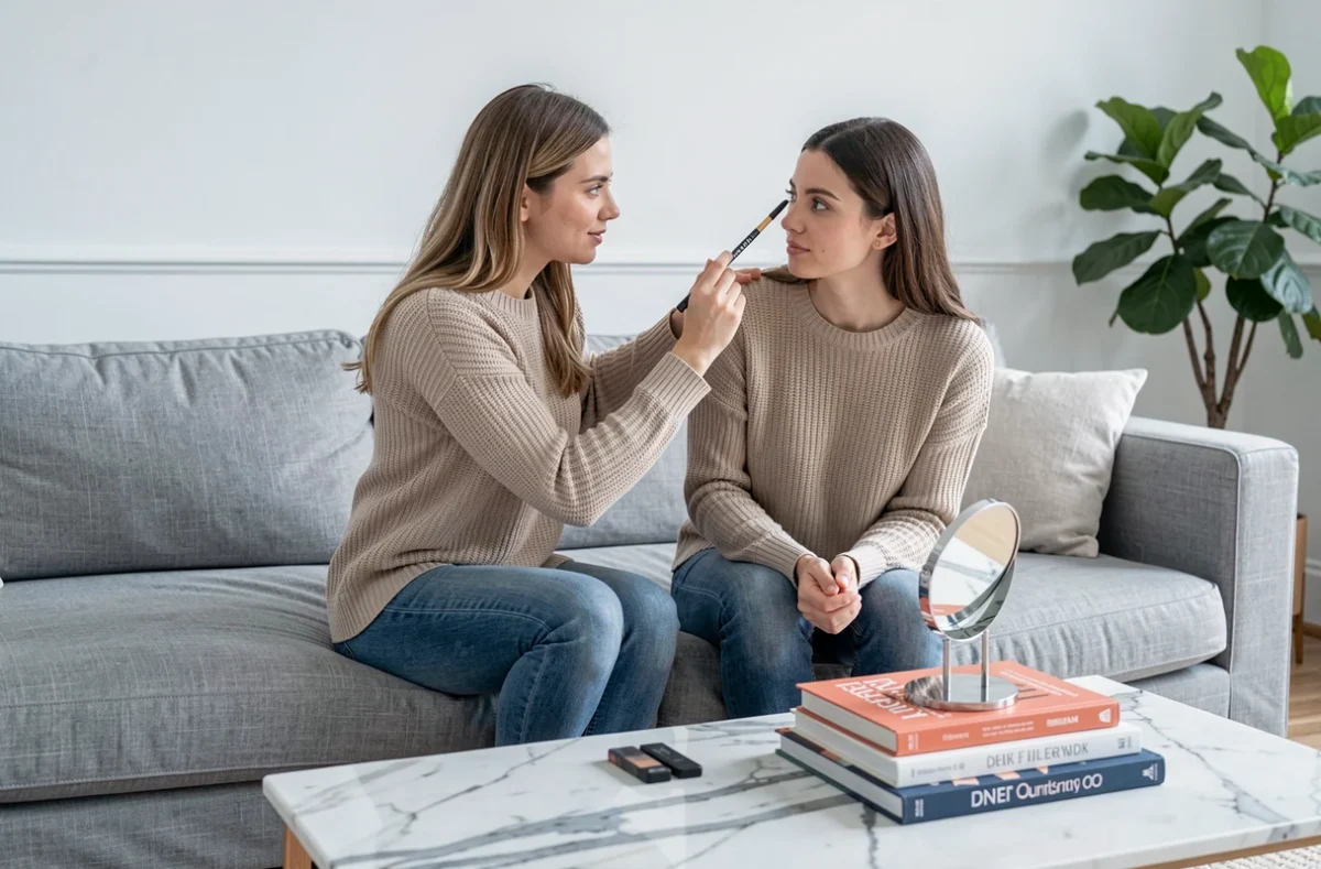 Deux femmes apprenant ensemble la technique du khôl, l'une guidant l'autre avec un crayon devant un miroir à main dans un salon moderne